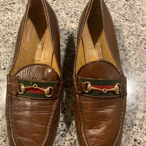 Gucci Leather Striped Canvas Horse Bit Loafers